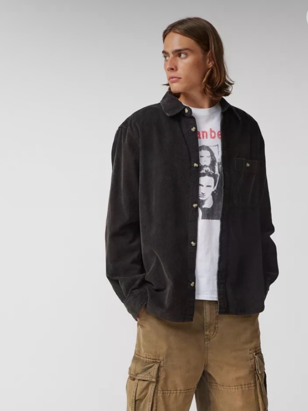 UO Big Corduroy Work Shirt Washed Black Button Down Long Sleeve Men's S
